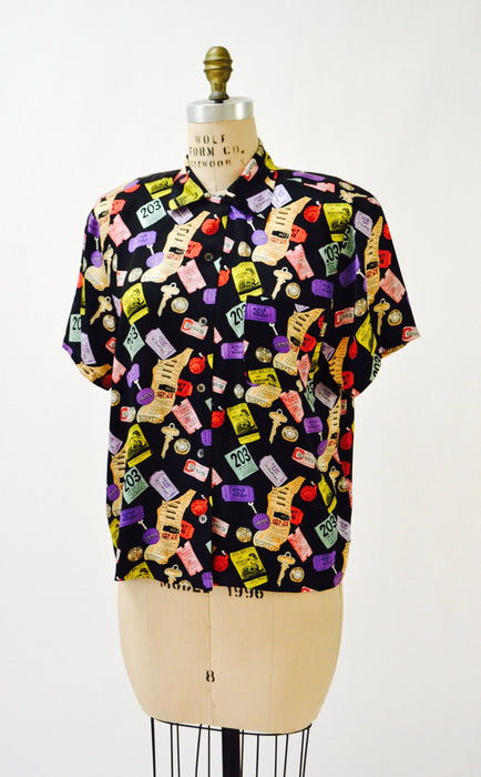 90s Vintage NYC Shirt Nicole Miller Silk Shirt New York CITY Tickets Pop Art Bottom of Your Purse Print Medium// Vintage NYC Silk Shirt