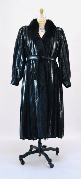 Vintage 80s Beltrami Black Snakeskin Fox Fur Coat Jacket Medium Large Made in Italy Vintage Designer Black Fur Snakeskin Coat Jacket Wool