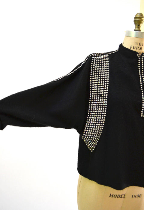 80s 90s Vintage Black Rhinestone Sweater Jumper Medium Pull over 80s Glam Rhinestone Diamond Sweater Dolman Sleeves Pull over Small Medium