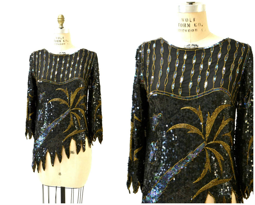 Vintage Metallic Sequin Shirt Black Art Deco Flapper Inspired Gold Palm Tree // 80s Vintage Beaded Shirt Top Black Sequins Small