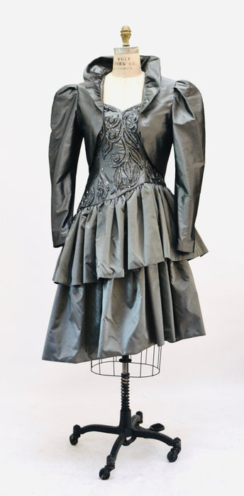 80s 90s Vintage Gray Silk Party Dress And Ruffle Jacket Beaded Rhinestone 90s Cocktail Dress Jacket Small Medium By Mary Jane Denzer