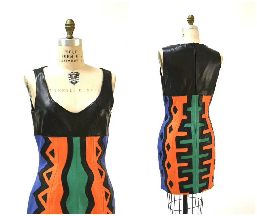 Vintage Leather Dress Black Medium Large Pop Art tribal by Michael Hoban North Beach// 90s Vintage Leather Dress medium Large Patchwork