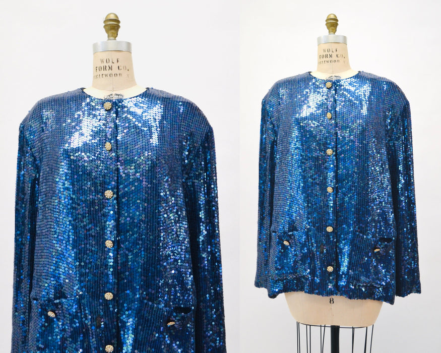 80s 90s Glam Vintage Blue Iridescent Sequin Jacket Large Blue Metallic Gold Rhinestone Buttons Jacket Sequin Jacket Jeanette Kasetenberg