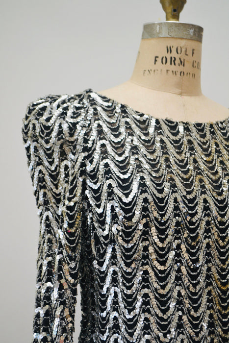 70s 80s Vintage Black Sequin Long Dress by Lillie Rubin Small Medium// Vintage Disco Metallic Silver Gold Black Sequin Dress Evening Gown