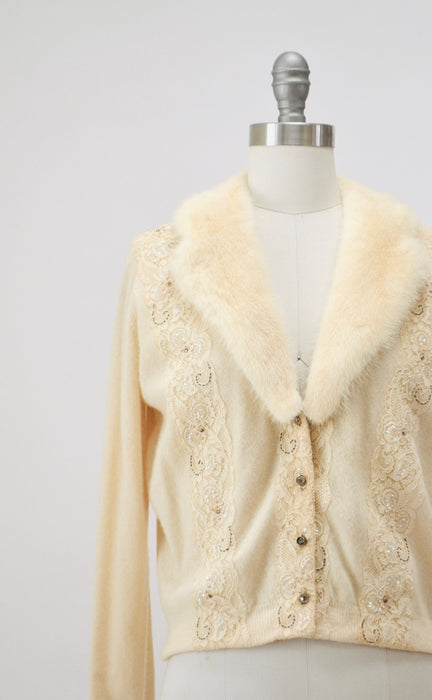 50s Vintage Cream Mink Fur Collar Beaded Cardigan Sweater Rhinestone Buttons Small Medium Vintage Wedding Fur Collared Cashmere Cardigan
