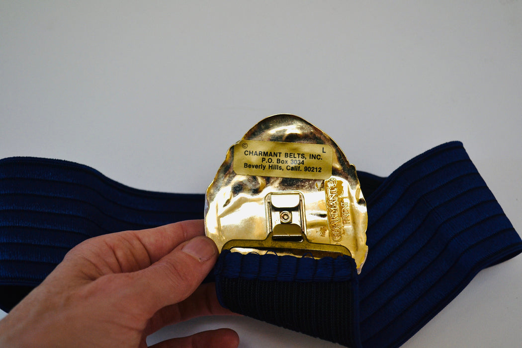 80s 90s Vintage Gold Blue Belt Buckle Blue Crane Bird Stretch Elastic Belt Blue Gold Metallic Wedding Belt Medium Large 26-35" By Charmant