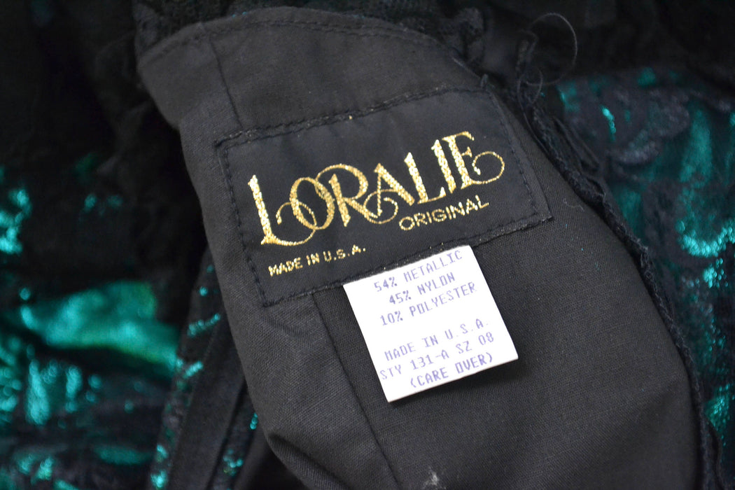 Vintage 80s Prom Dress Ball Gown XS Small Metallic Green Black// 80s Metallic Party Dress Green Black Lace Southern Bell Pageant Loralie