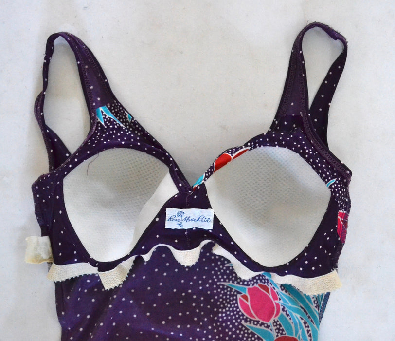 Vintage 70s 80s Rose Marie Reid Swimsuit Floral Print One Piece High Cut Swim Suit Medium Purple Polkadot Tropical Print Swimsuit 1970s
