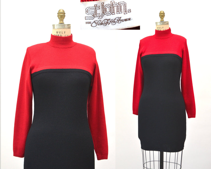80s Vintage Red St John Dress Saks Fifth Avenue Red Knit Dress by St John // 80s Red Sweater Knit Dress Small Medium 80s Glam Designer Dress