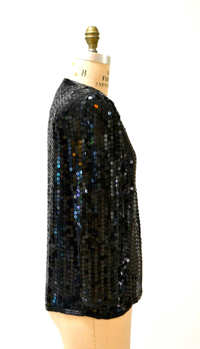 Vintage Black Sequin Jacket Small Medium// Black Silk Sequin Metallic Jacket 80s Trophy Sequin Jacket Small Medium