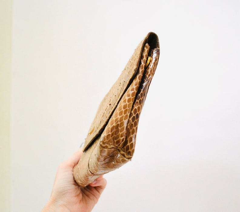 80s Vintage Tan Brown Leather Clutch Bag Purse Snakeskin Python// 80s Tan Camel Leather Snake Skin Bag Purse Jay Herbert