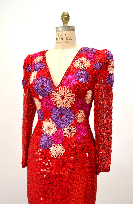 70s 80s Vintage Red Beaded Dress Evening Gown Small Medium// 90s Red Beaded Evening Pageant Dynasty Gown Dress Small Chinese Wedding Gown