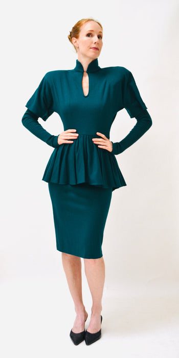 80s does 40s Vintage Teal Blue Green Knit Wool Dress Small Medium Wool Jersey Knit Dress Green teal Long Sleeve Peplum Dress Bonnie Strauss