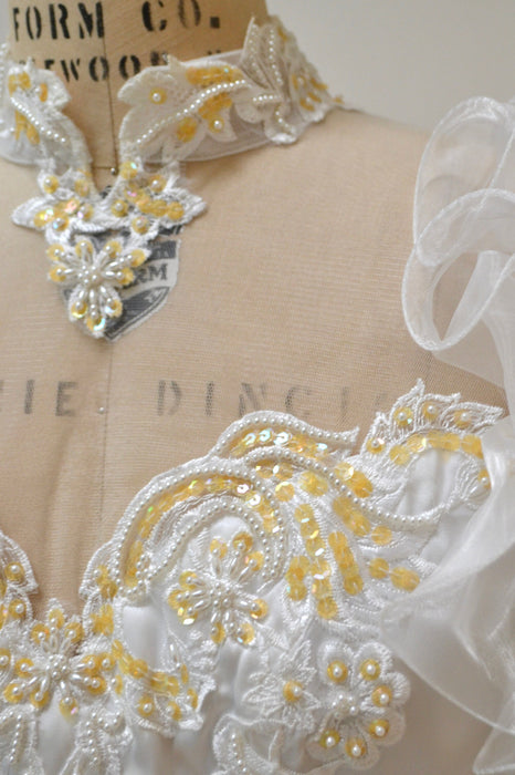 Vintage 80s 90s Wedding Dress GOWN White Sequin Ruffle 80s 90s Wedding Gown Dress Small Medium Long Sleeve High Neck Sequin Beaded Dress