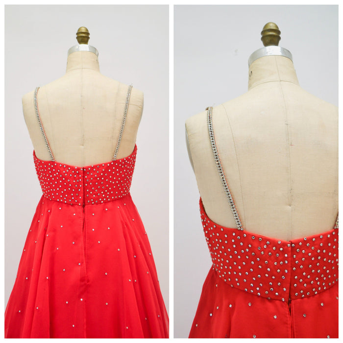 Vintage 70s Red Rhinestone Evening Gown Party Dress Chinese Wedding Dress 1970s Red Ruffle Dress with Rhinestones Empire Waist