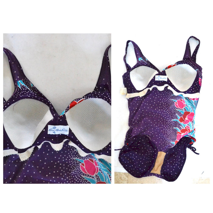 Vintage 70s 80s Rose Marie Reid Swimsuit Floral Print One Piece High Cut Swim Suit Medium Purple Polkadot Tropical Print Swimsuit 1970s