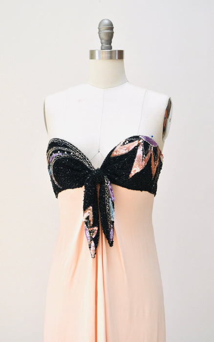 80s 90s Vintage Silk Sequin Gown Dress XXS XS By Bob Mackie Silk// Vintage Wedding Silk Pink Peach Black Gown Sequin Strapless Silk Dress