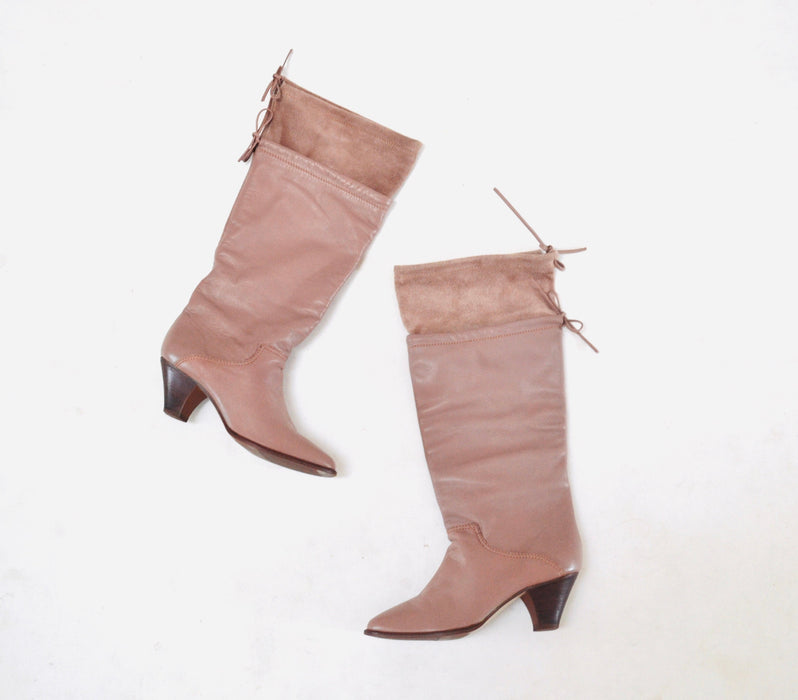 80s Vintage Nude Brown Leather High Heel Boots Size 7 Pointed Toe Boots Slouchy Brazil // Vintage Size 7 Leather Boots 1st Edition Classics
