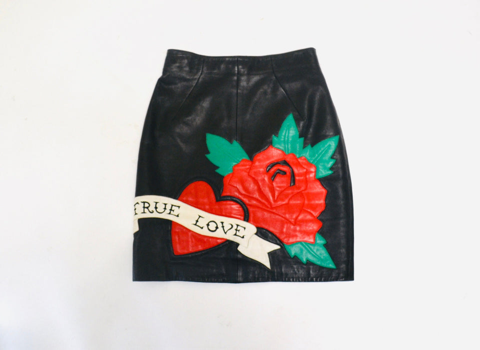 Vintage Black Leather Skirt with True Love Heart by Michael Hoban North Beach// 90s Vintage Black Leather Skirt XS Small Tattoo
