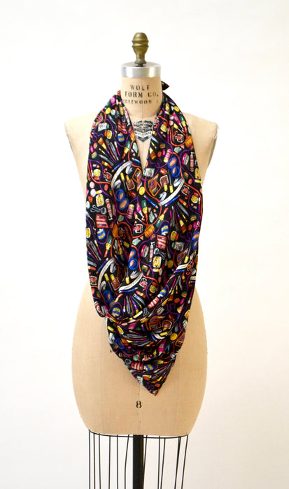 VIntage Nicole Miller Silk Scarf with Makeup Lipstick Stylist// Extra Large Silk Scarf with beauty lipstick makeup Fashion Print