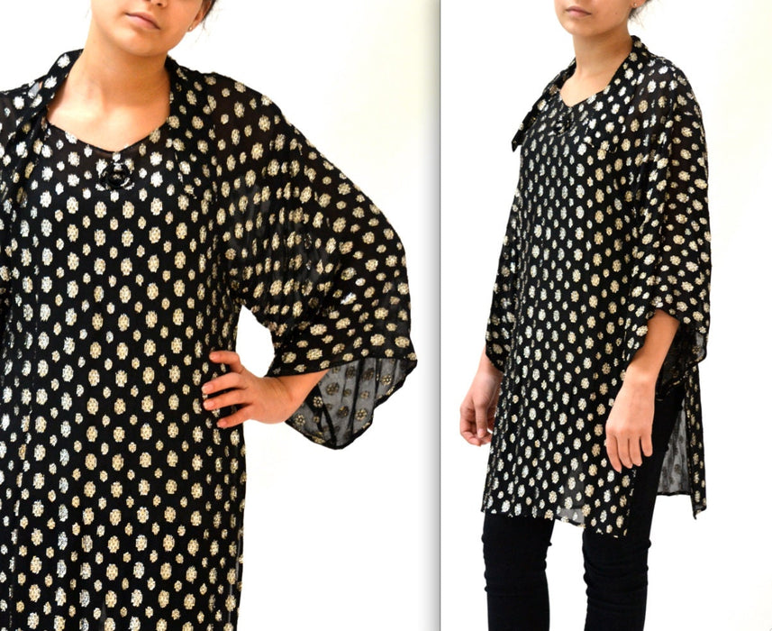 Vintage Metallic Black Silver Polka Dot Tunic Top Small Medium// Sheer Black Shirt Silver Metallic Beach Cover Up By Helene Sidel