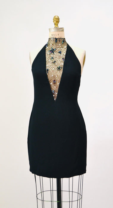 80s 90s Vintage BOB MACKIE Dress Black Star Beaded Metallic Halter Neck// Black Sexy Halter Mini Dress Small Medium Bob Mackie Cher
