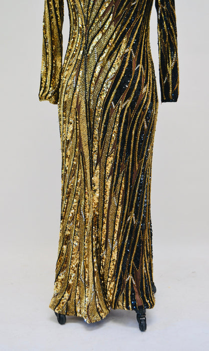 80s 90s Vintage Black Gold Beaded Sequin Gown Dress Bob Mackie Gold Black Tiger Stripe Long Sleeve Sequin Pageant Dress Cher Medium Large