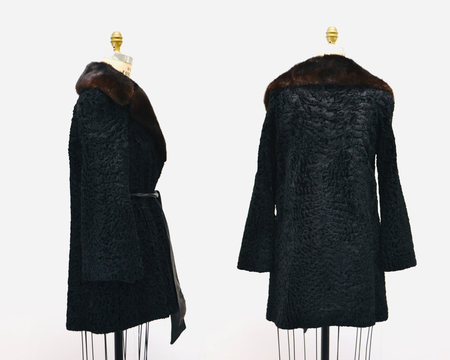 Vintage Black Persian Lamb Mink Fur Collar Coat Jacket Black Brown Broadtail leather Belted Jacket Trench Small Medium By Galleries Furs