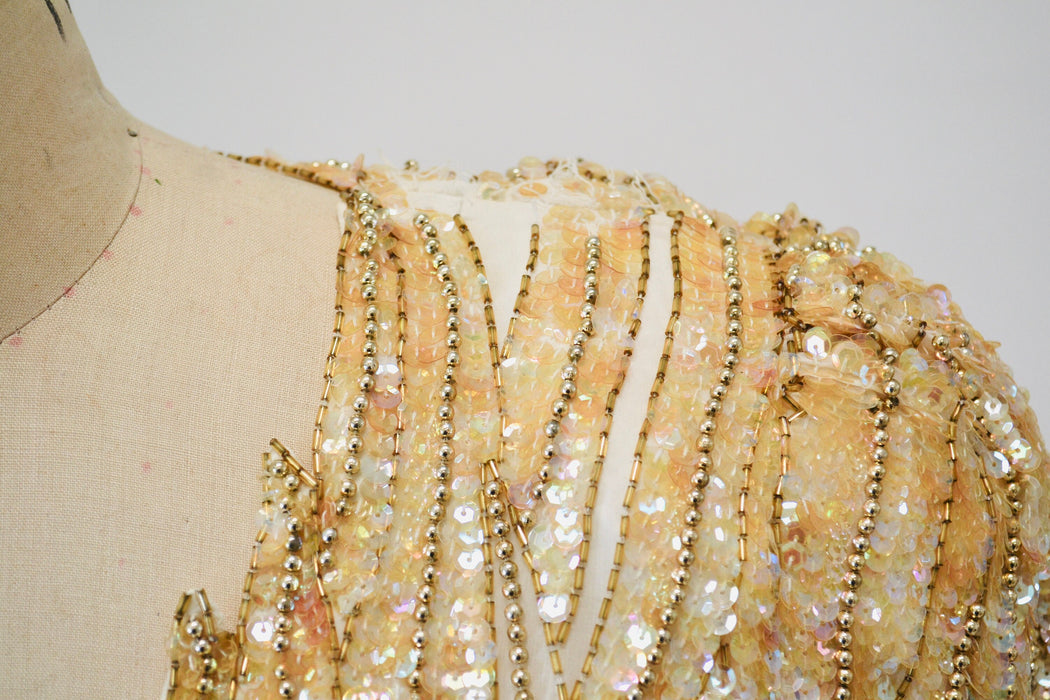 80s 90s Vintage Cream Sequin Beaded Gown Dress Medium Pageant Dress// 80s Vintage Wedding Gown Cream White Beaded Long Dress Sleeve Gown