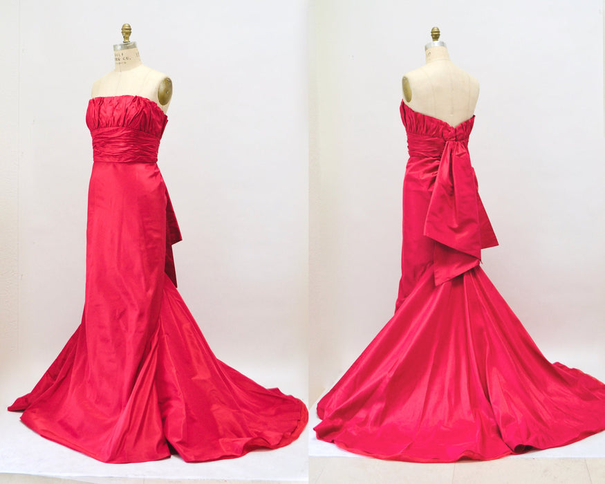 90s 2000s Vintage Strapless Red Silk Gown Dress Evening Ball Gown Small Medium Melinda Eng Strapless Gown Dress Long Red Train Dress