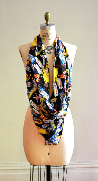 90s Vintage Nicole Miller Silk Large Scarf with Junk Food Candy Chocolate Butter Fingers Pop Art
