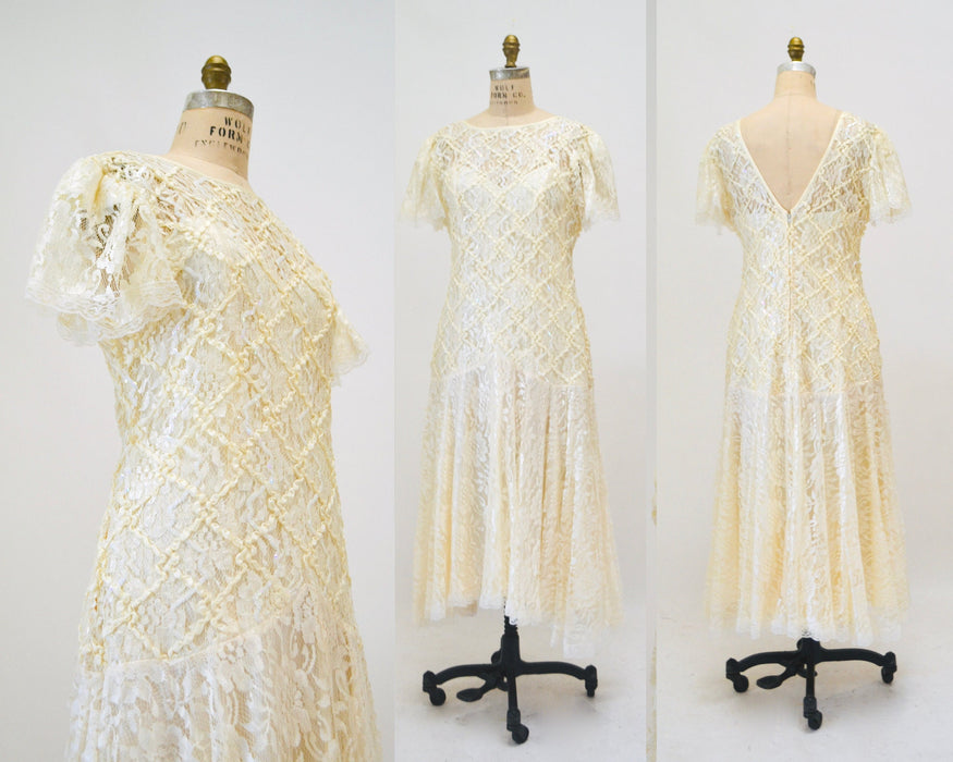80s does 20s Vintage Lace Sequin Dress Medium Cream Off White// Vintage Sequin Lace Wedding Dress Boho Flapper Inspired Cream Lace Dress