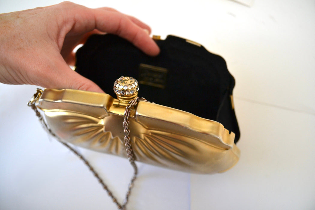 90s Vintage Metallic Gold Metal Clutch Evening Bag Hard Case with Crystals// Vintage Gold Wedding Clutch Metal Evening Bag Gold Clutch