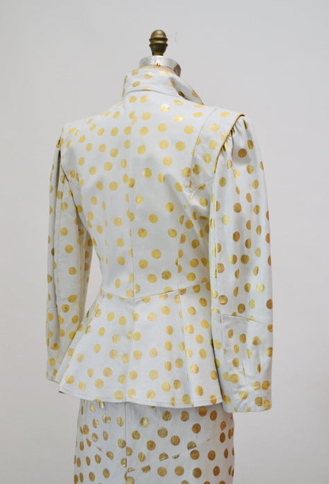 80s Vintage White Gold Polka Dot Leather Jacket and Skirt Set Jacket Lillie Rubin Medium Large 80s Glam Wedding Leather Suit Jacket Skirt