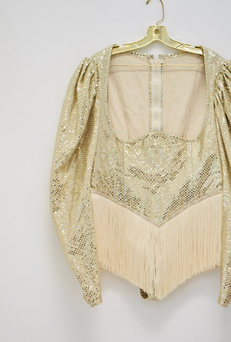 90s Gold Topless Fringe Bodysuit for Burlesque Drag queen thong Vintage Gold Metallic Party festival Fringe Bodysuit Showgirl Costume Large