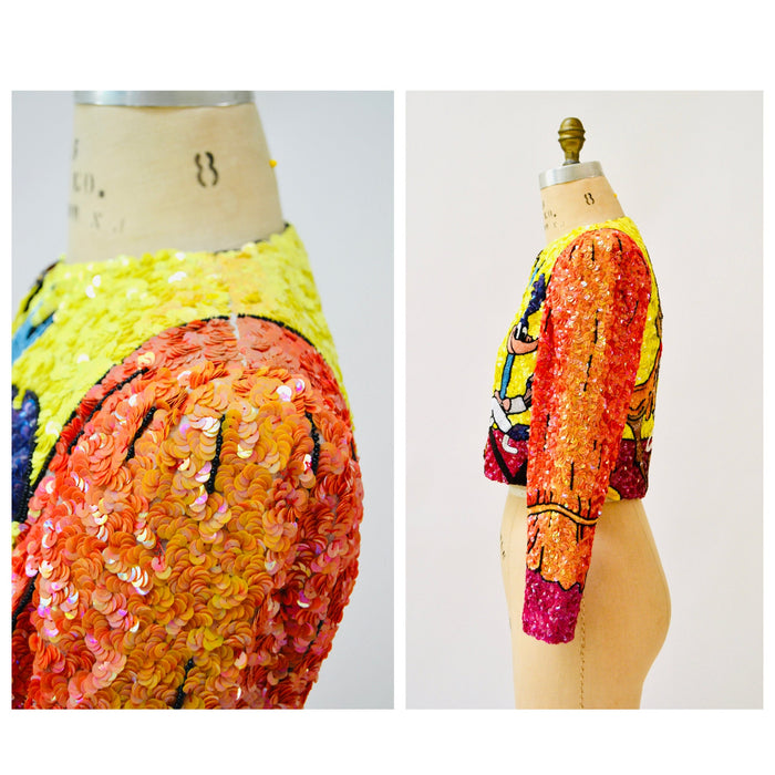 90s Vintage Jeanette Kastenberg Platinum Sequin Jacket Looney Tunes Warner Brothers Cartoon Beaded Jacket Medium Wile E. Coyote Road Runner