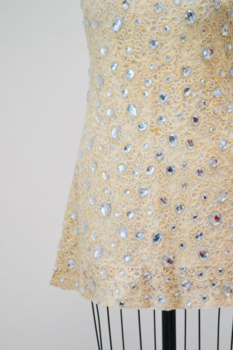 60s 70s Vintage Metallic Cream Lace Rhinestone Dress Small Medium// 60s 70s Vintage White Silver Gold Lace Party Wedding Rhinestone Dress
