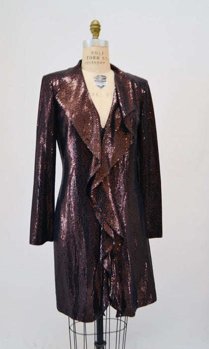 Vintage St John Dress Brown Metallic Knit Ruffle Cardigan Sweater St John// Brown Metallic Party Dress Sweater Cardigan Medium Large St John