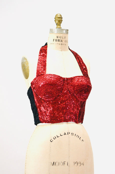 80s 90s Vintage Red Sequin Bustier Crop Top Halter top Size Medium Sequin Red Halter Top Disco Dance 80s 90s Sequin Showgirl Halter TOp