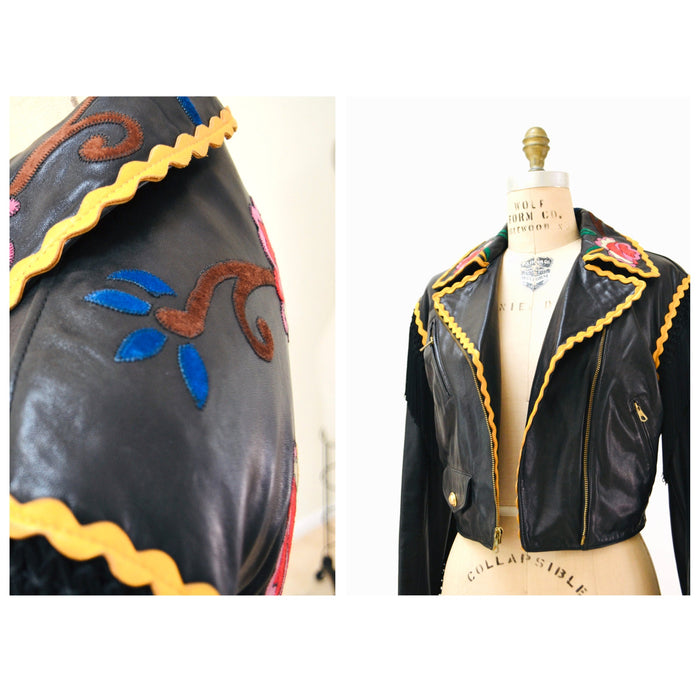 Vintage 90s Black Leather Jacket by Moschino Cheap & Chic with Fringe Red Roses Flowers Small Medium// Black Leather Biker Jacket Fringe