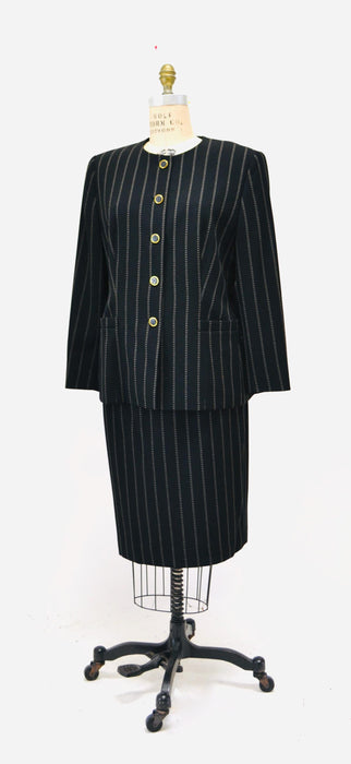 Vintage Escada Suit Pinstripe Wool Escada Suit Jacket Skirt Blazer Large Black white Striped Skirt Suit Black Stripe Jacket Medium Large