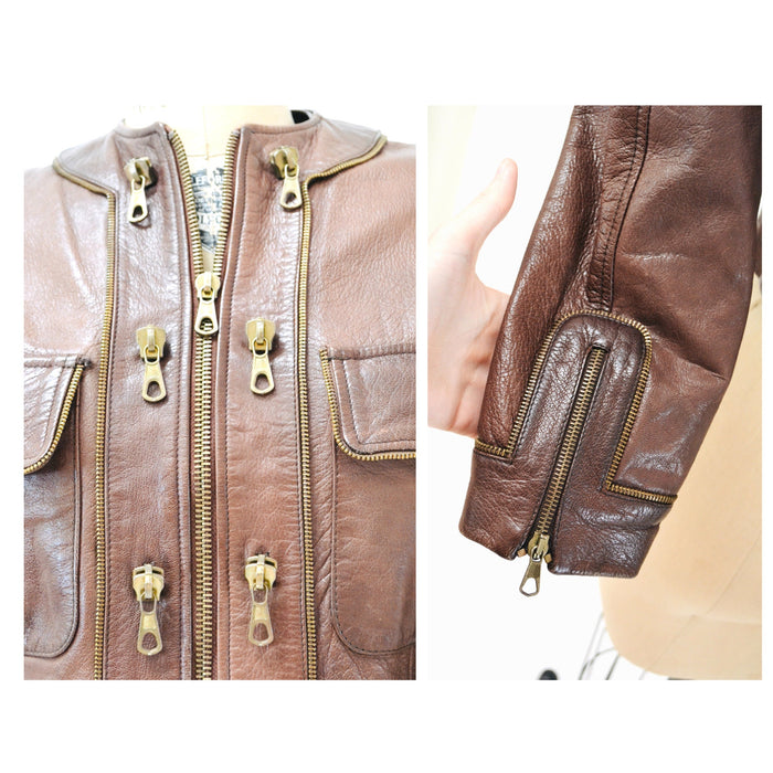 80s 90s Vintage Moschino Brown Leather Jacket With Zipper Trim Cheap and Chic Made in Italy// 80s Browns Leather Jacket Biker Medium Large