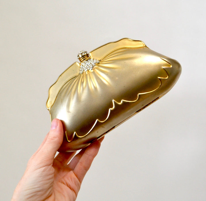 90s Vintage Metallic Gold Metal Clutch Evening Bag Hard Case with Crystals// Vintage Gold Wedding Clutch Metal Evening Bag Gold Clutch