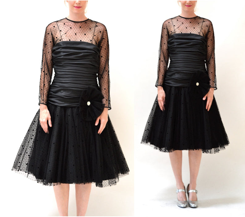 Vintage Black Dress Medium Crinoline Skirt Polka Dot // 80s 90s Black 80s Prom Dress Illusion Dress // Black Party Prom Dress Medium Large