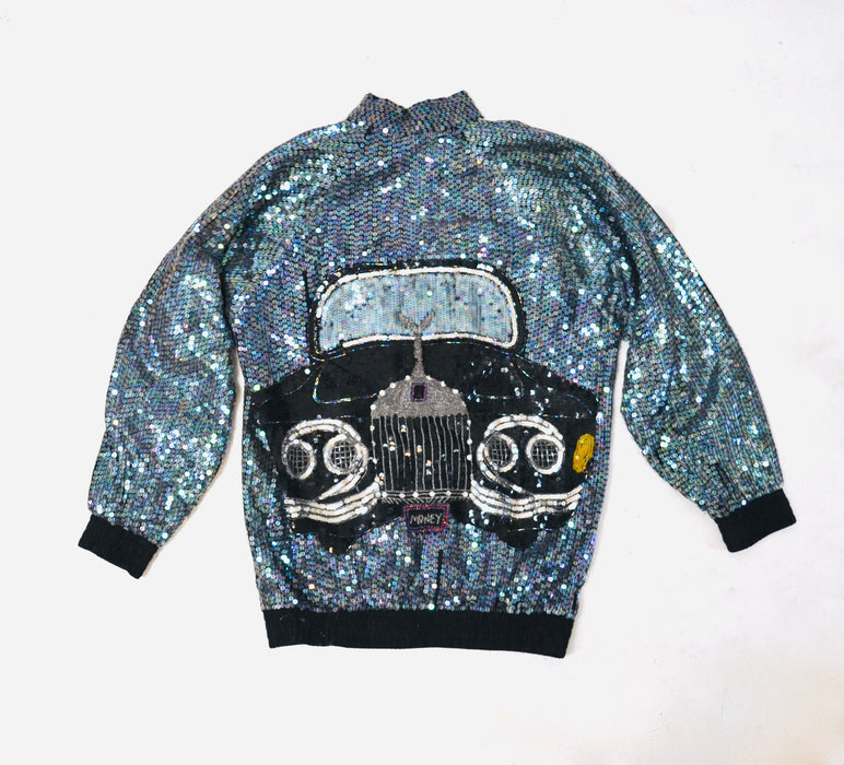 80s 90s Vintage Sequin Jacket with Rolls Royce Car Hologram Sequin Jacket small// Vintage Black Sequin Bomber Jacket Small Medium by Modi