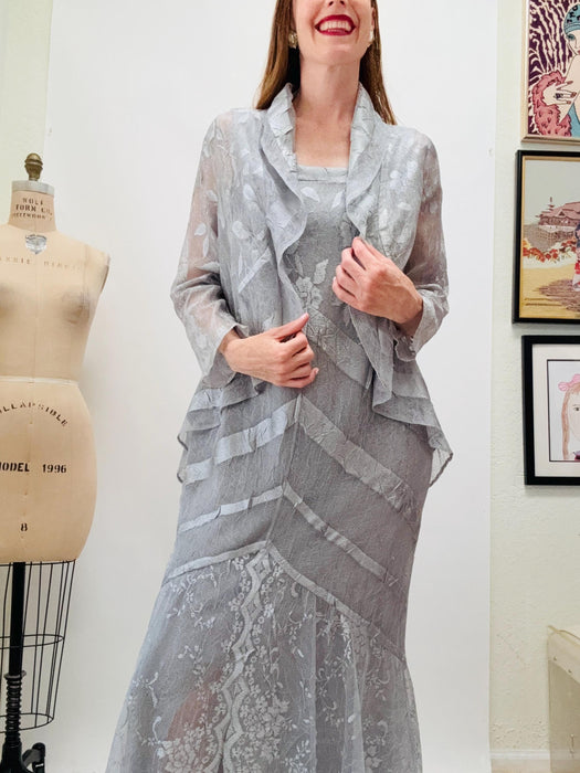 90s Vintage Gray Lace Sleeveless Dress and Jacket Wedding Reception Metallic Silver Gray Casual Lace Dress and Jacket Small Medium Damianou
