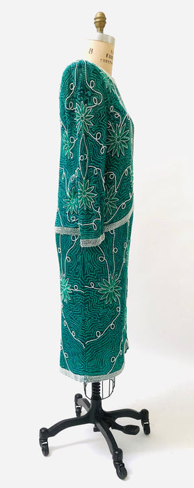 80s 90s Vintage Sequin Top Skirt Dress Set Beaded Skirt Top Dress Medium Blue Green Teal  80s 90s Party Dynasty Flapper Costume