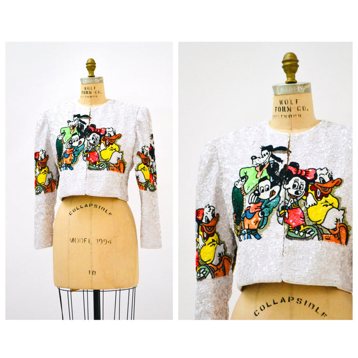 Vintage Jeanette Kastenberg Platinum Beaded Jacket Disney Mickey Minnie Mouse Donald Duck Beaded Bolero Jacket Comic Cartoon Small Medium