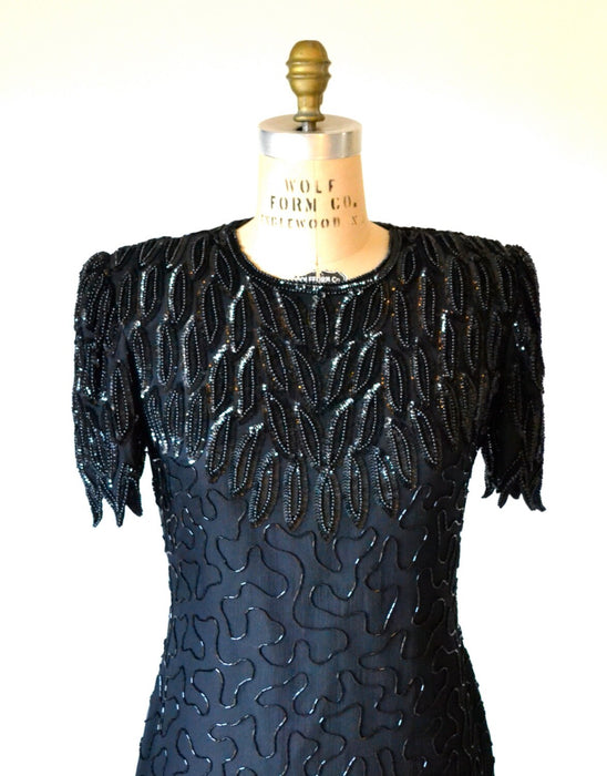 90s Vintage Black Beaded Sequin Dress Size Medium 90s Party Dress in Black Medium Laurence Kazar Art Deco 20s Flapper Inspired
