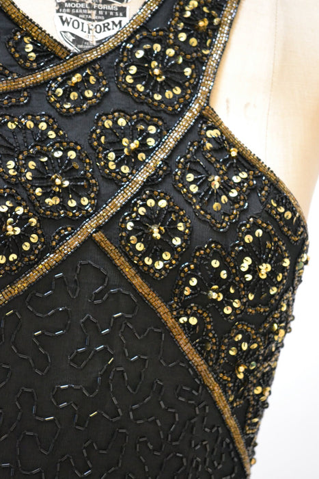 Vintage Beaded Dress Size Medium Large Black and Gold Art Deco// 90s Prom Dress Black Metallic Body Con Beaded dress Size Medium Large
